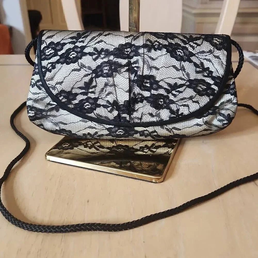 Black lace floral evening bag